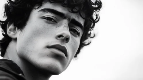 High-contrast close-up portrait renders sharp freckled profile