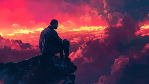 Quiet sunset reflection above glowing painted clouds.