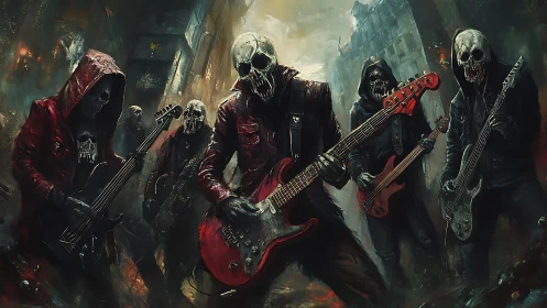 Skull-masked guitar ensemble in apocalyptic urban alleyway.