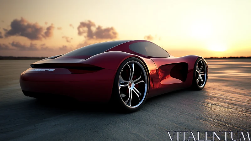 3D-rendered red concept supercar in cinematic sunset profile.