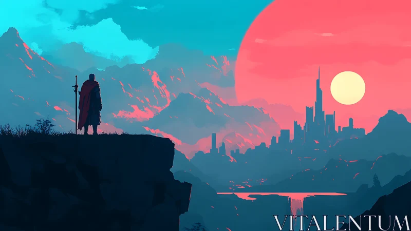 Lone cloaked wanderer overlooks neon citadel at sunset.