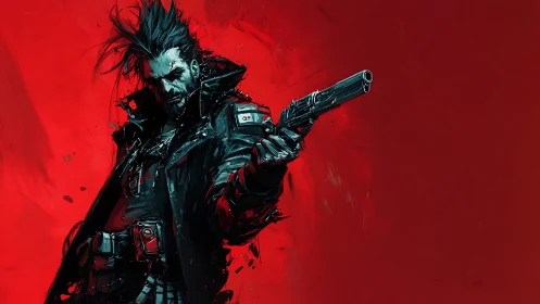 Cyberpunk gunman in black coat against vivid red background.