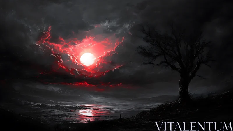 Red lunar disc over shoreline under dark storm clouds.