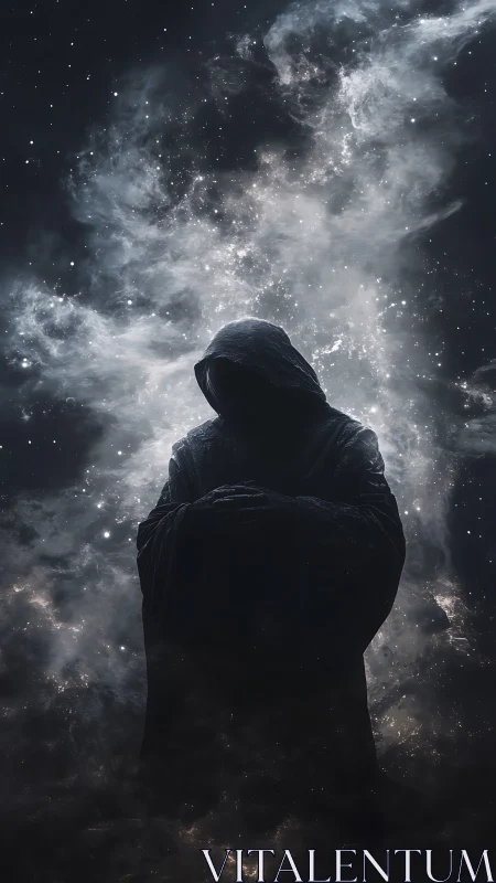 Shrouded cosmic figure silhouetted against luminous nebular dust