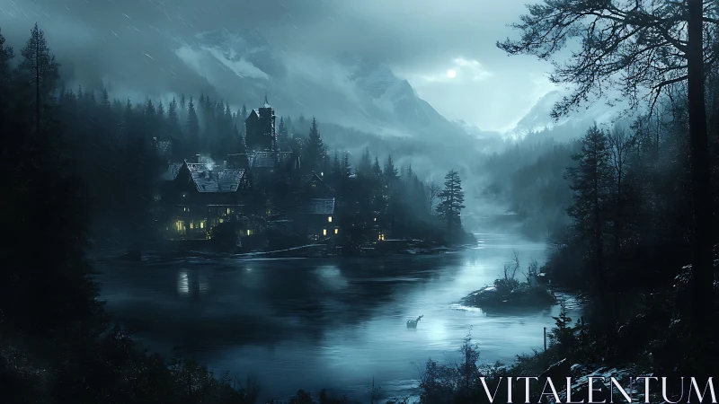 Moonlit mountain village by misty river in forest storm.