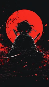 Silent crimson samurai resting beneath a burning moon.