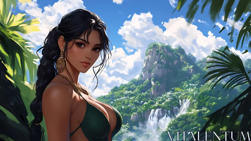 Tropical brunette in green bikini before lush waterfalls vista