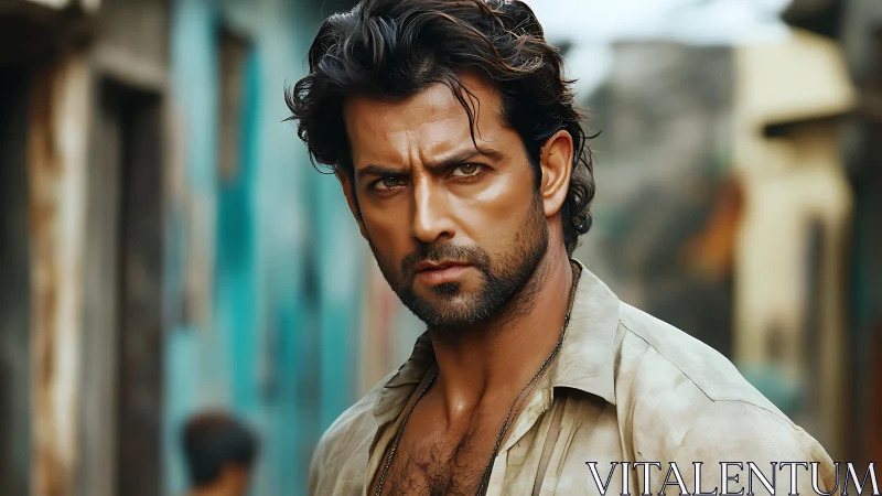 Intense rugged man in sunlit alleyway portrait scene.