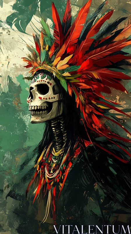 Skeleton shaman in feathered headdress on green backdrop.