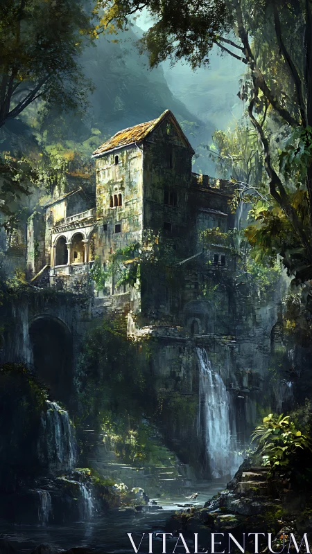 Stone tower complex stands over terraced waterfalls in forest