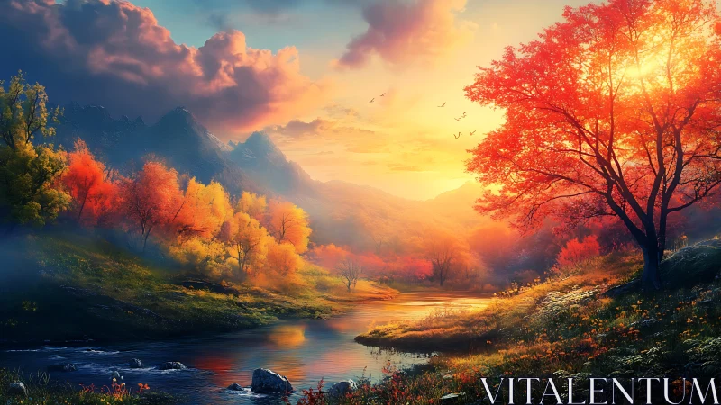 Sunlit autumn river valley under glowing mountain sunset.