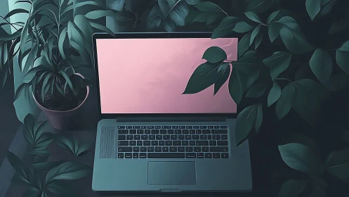 Laptop with blank pink screen among dense green foliage.