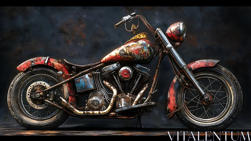 Weathered vintage motorcycle profile against dark backdrop.
