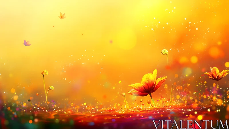 Luminous abstract meadow with glowing orange floral silhouettes.