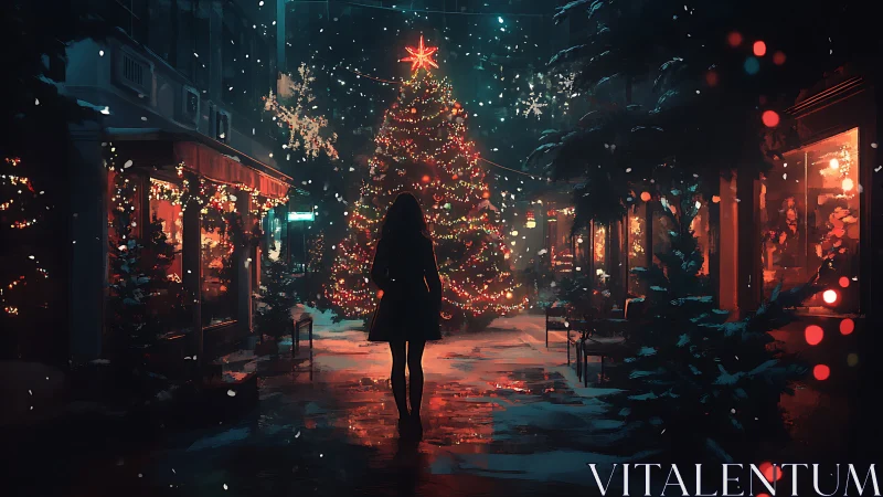 Quiet winter stroll toward a glowing Christmas tree scene.