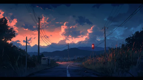 Empty rural road curves toward distant town at vivid sunset