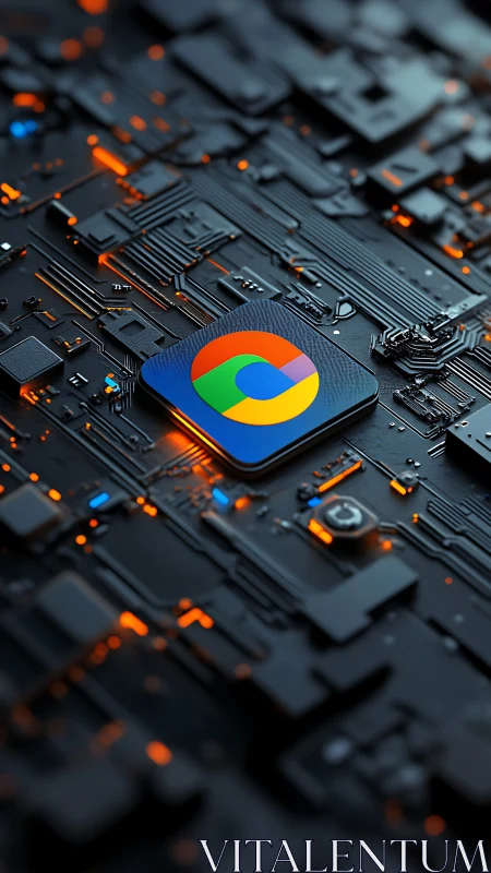 3D cyber interface chip with neon circuitry grid focus.