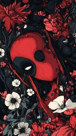 Red masked skull entwined in dense monochrome floral growth