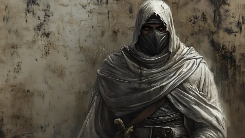 Mysterious desert wanderer wrapped in weathered white robes.