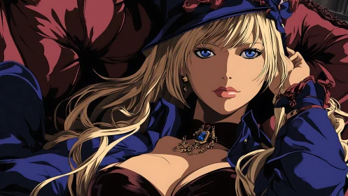 Elegant blonde anime woman reclines in rich crimson shadows