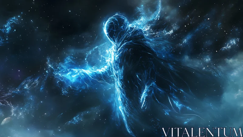 Nebulous blue humanoid silhouette forms within deep space