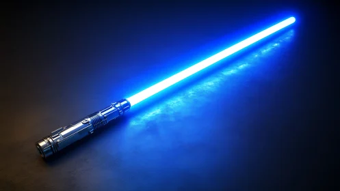 Blue energy sword glows over dark reflective ground.