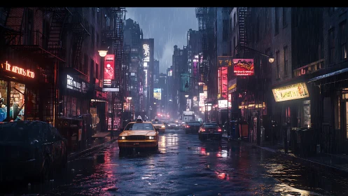 Rainy neon city street with taxis and wet reflections.