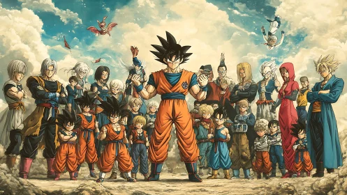 Dragon Ball heroes assemble under dramatic cloudscape sky.