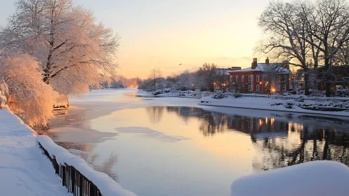 Snow-laden riverside landscape under warm dusk illumination and partial ice