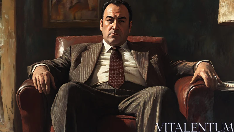 Powerful businessman reclines in leather chair, exuding dominance.