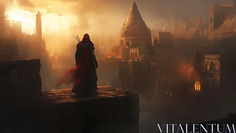 Lone red-cloaked rogue surveys a smoldering dusk citadel.