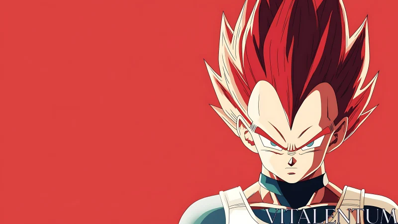 Symmetrical anime warrior portrait on saturated red field.