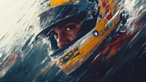 Focused racing driver portrait in dynamic helmet painting.