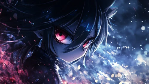 Brooding anime warrior gazes through stormlit cosmic embers