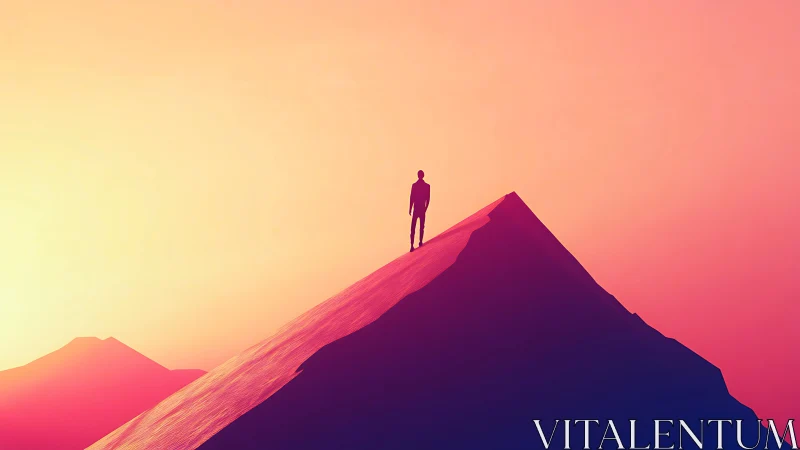 Silhouette stands on angular ridge under gradient sky