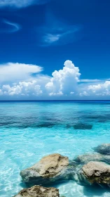 Tropical shoreline with shallow cyan water and cumulus cloud towers
