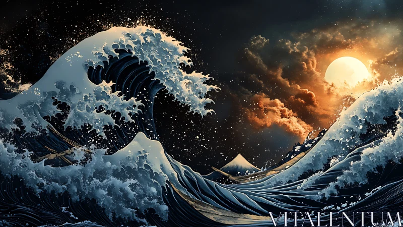 Lunar-illuminated tsunami waves collide with stylized mountain peak