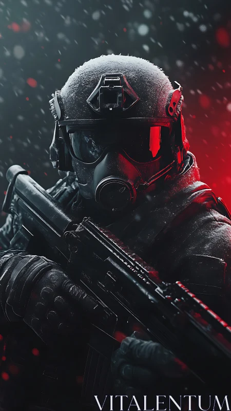 Heavily armed frost-covered soldier advances through snow