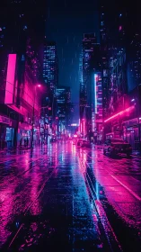 Nocturnal neon avenue under chromatic rain reflections.