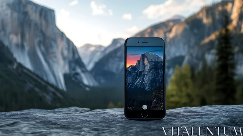 Smartphone frames mountain vista with vivid sunset sky.