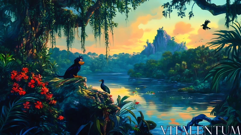 Cartoon birds overlook reflective jungle river at sunrise