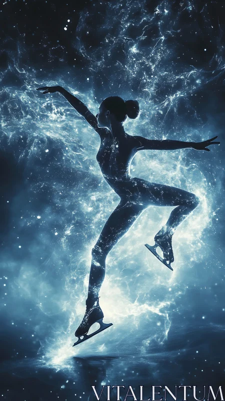 Celestial figure skater glides through luminous starlight.