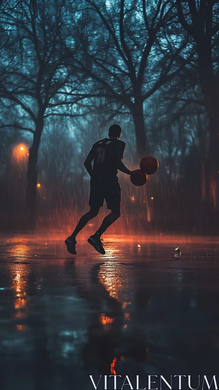 Silhouette basketball player dribbles on wet court at night.