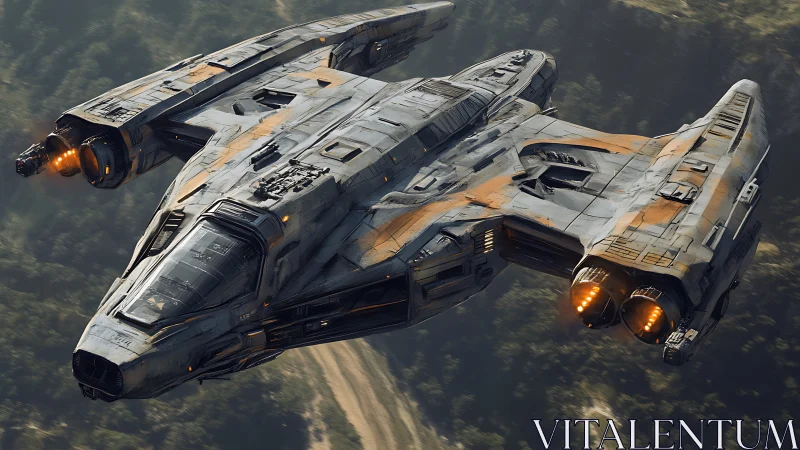 Gunmetal dropship cuts low through forested canyon. Period.