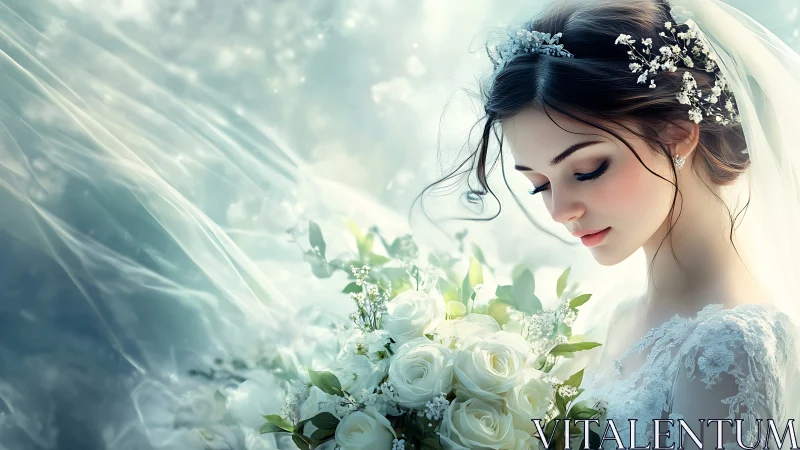Softly dreaming bride lets white roses hold her heartbeat