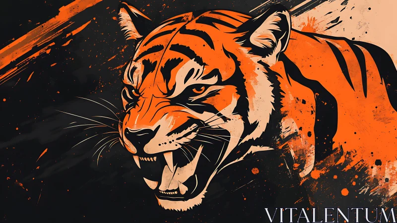 Roaring tiger head bursts from abstract orange black field