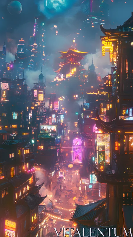 Neon cyberpunk cityscape shows dense vertical streets at night