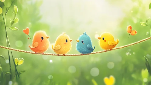 Charming Chicks Perched on Branch in Spring Garden.