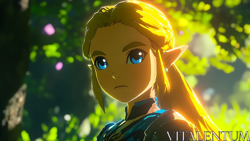 Sunlit elf heroine with glowing blonde hair in forest.