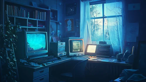 Retro hacker workstation under nocturnal cyan glow.